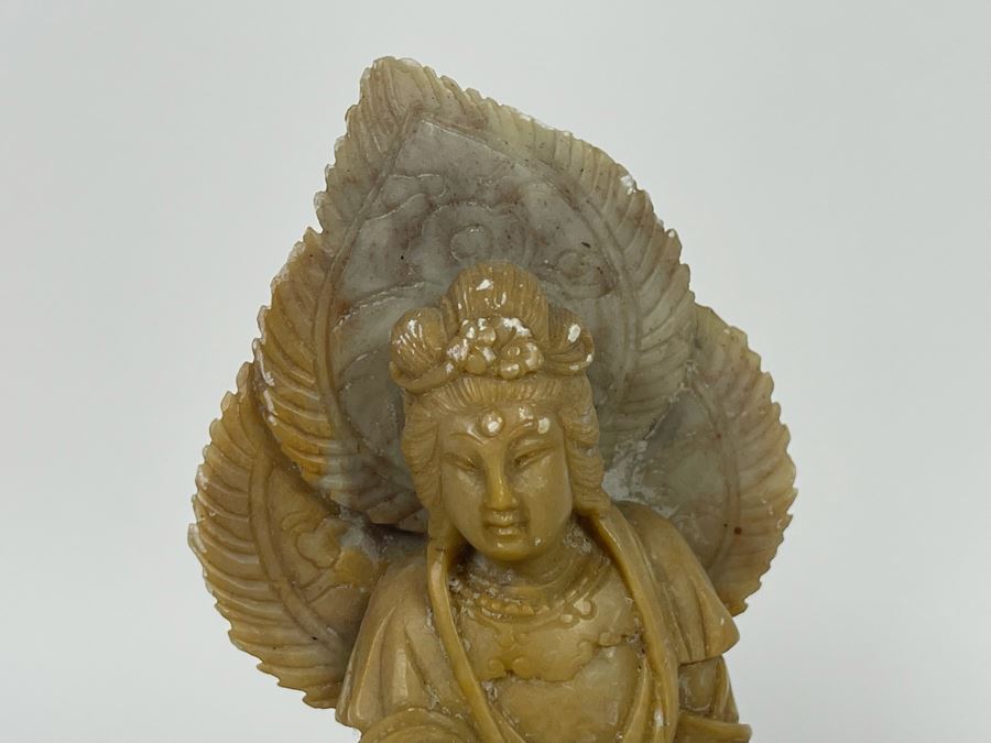 Carved Soapstone Sculpture (Elephant's Tusks Are Chipped) 7.5H And White Ceramic Foo Dog Sculpture 9.5H [Photo 7]