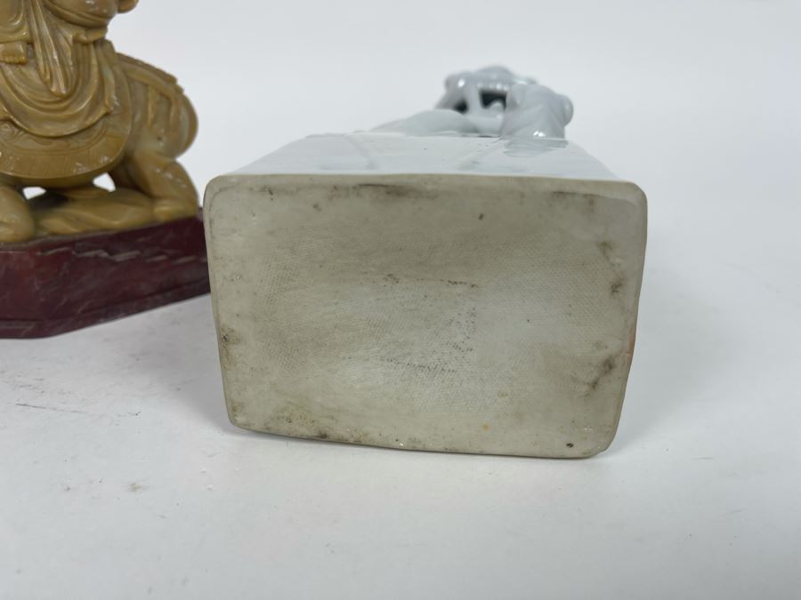 Carved Soapstone Sculpture (Elephant's Tusks Are Chipped) 7.5H And White Ceramic Foo Dog Sculpture 9.5H [Photo 15]