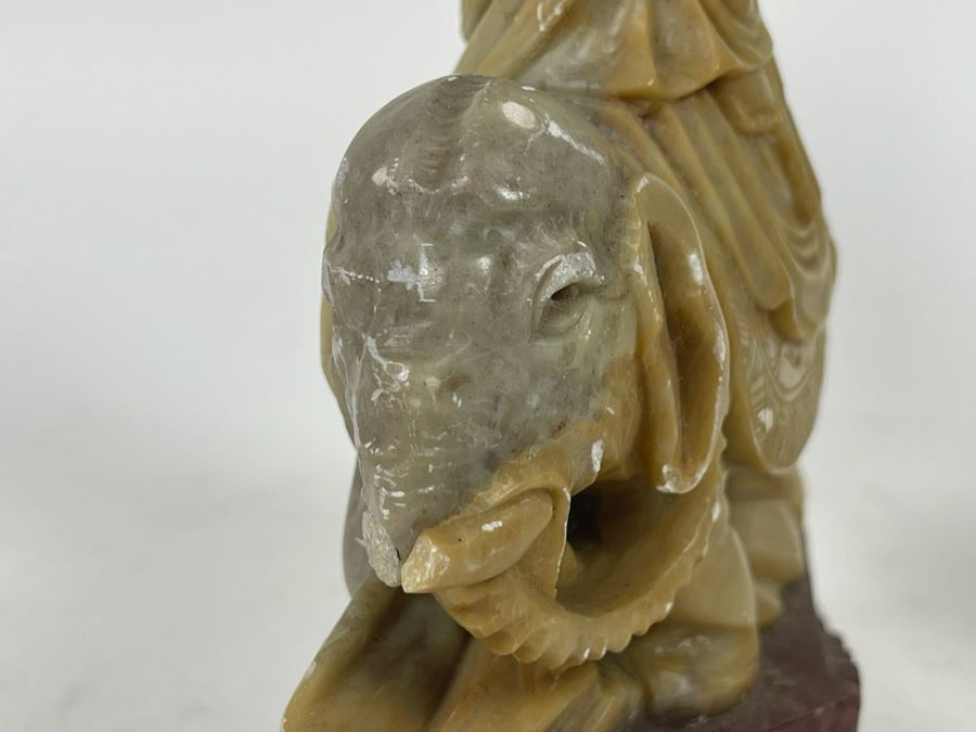 Carved Soapstone Sculpture (Elephant's Tusks Are Chipped) 7.5H And White Ceramic Foo Dog Sculpture 9.5H [Photo 8]