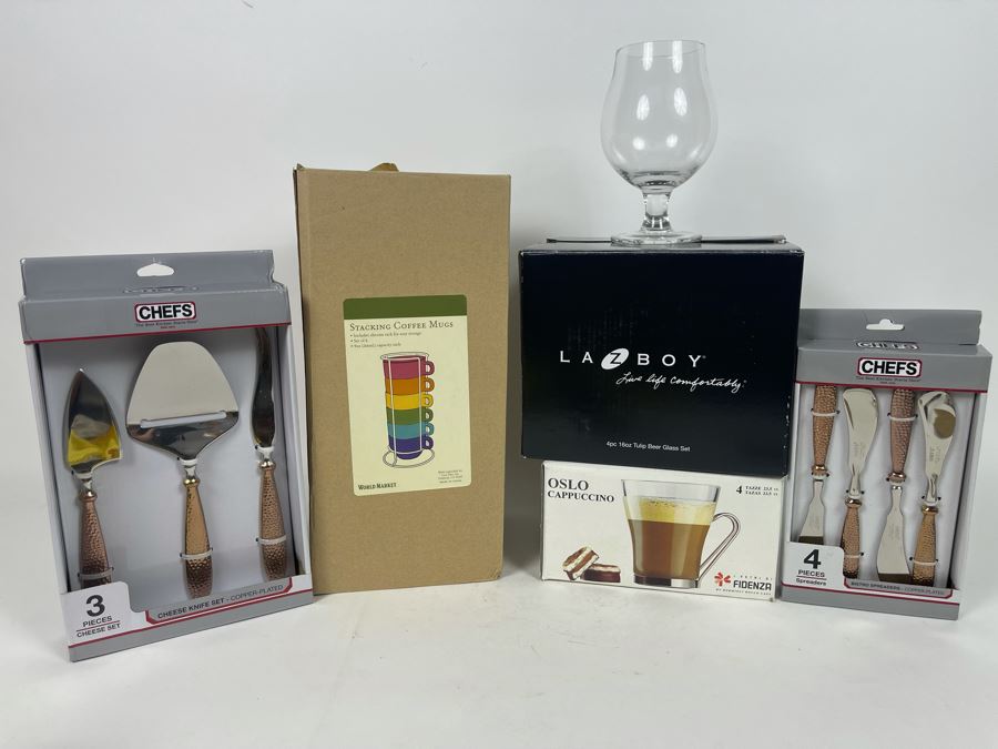 New Kitchen Items Including 4 Tulip Beer Glasses, Stacking Coffee Mugs, Cappuccino Cups, Cheese Knife Set And Bistro Spreaders