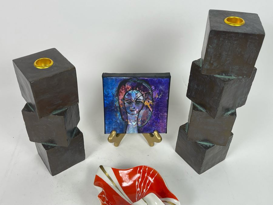Small Original Painting With Stand, Mid-Century Ashtray And Pair Of Metal Candlesticks [Photo 5]