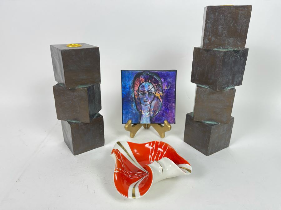 Small Original Painting With Stand, Mid-Century Ashtray And Pair Of Metal Candlesticks [Photo 2]