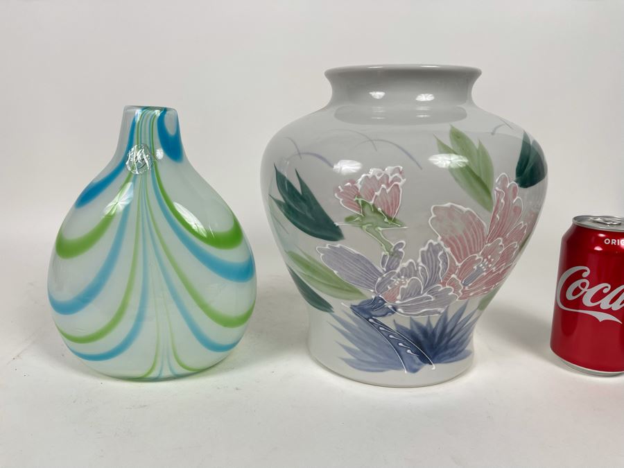 Glass And Porcelain Vase 10H