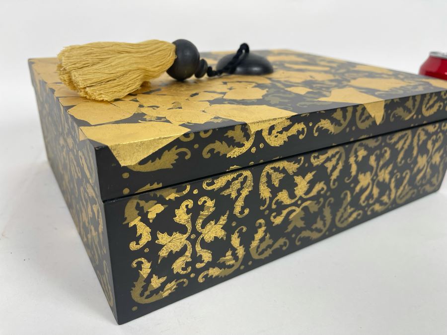 Decorative Black And Gold Box With Tassle Handle 13W X 10D X 4H