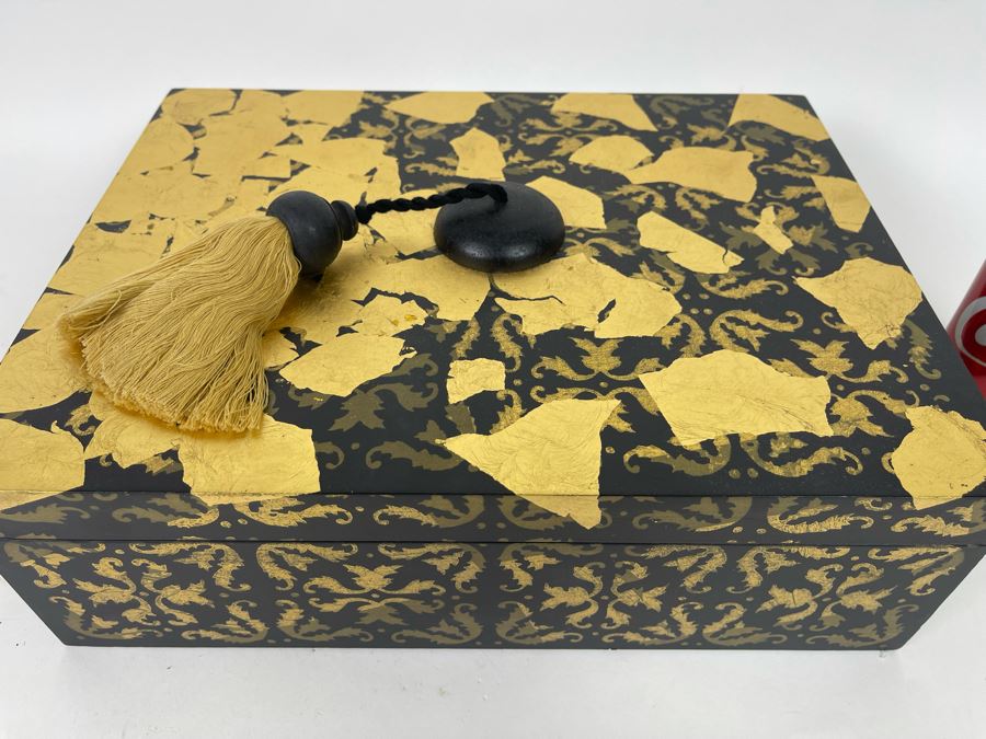 Decorative Black And Gold Box With Tassle Handle 13W X 10D X 4H [Photo 3]