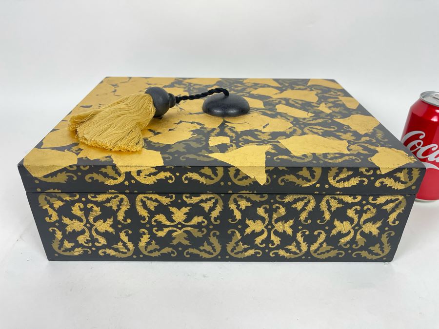 Decorative Black And Gold Box With Tassle Handle 13W X 10D X 4H