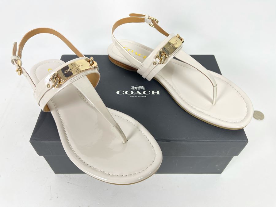 New Pair Of Coach Sandals Shoes Caterine Patent Chalk Size 8.5M