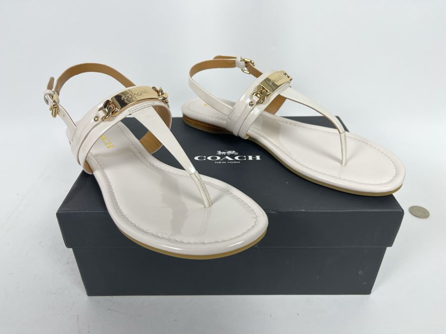 New Pair Of Coach Sandals Shoes Caterine Patent Chalk Size 8.5M