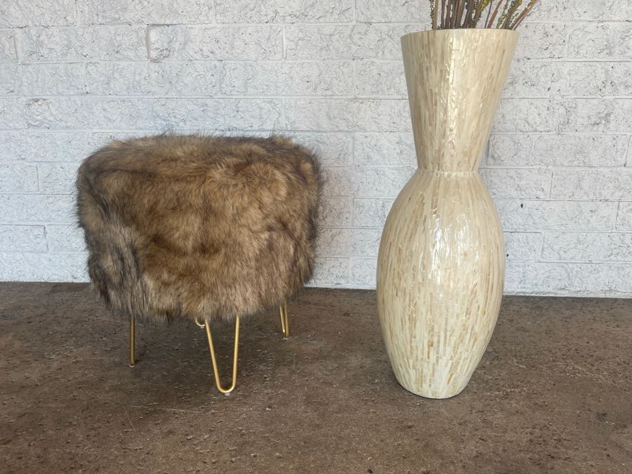 Large Mother Of Pearl Mosaic Vase 29.5H And Faux Fur Stool 20W X 20H [Photo 3]