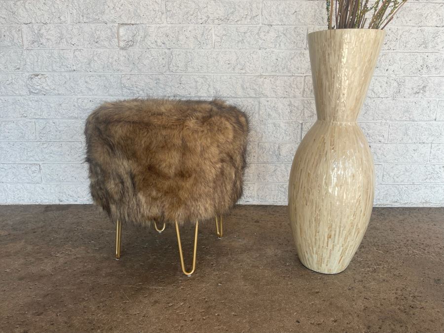 Large Mother Of Pearl Mosaic Vase 29.5H And Faux Fur Stool 20W X 20H [Photo 1]