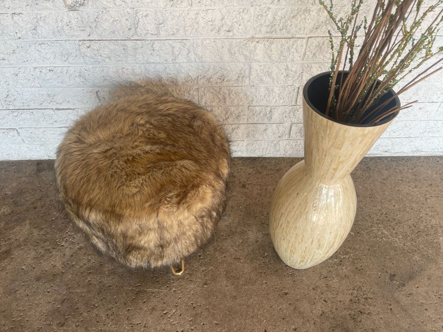 Large Mother Of Pearl Mosaic Vase 29.5H And Faux Fur Stool 20W X 20H [Photo 4]