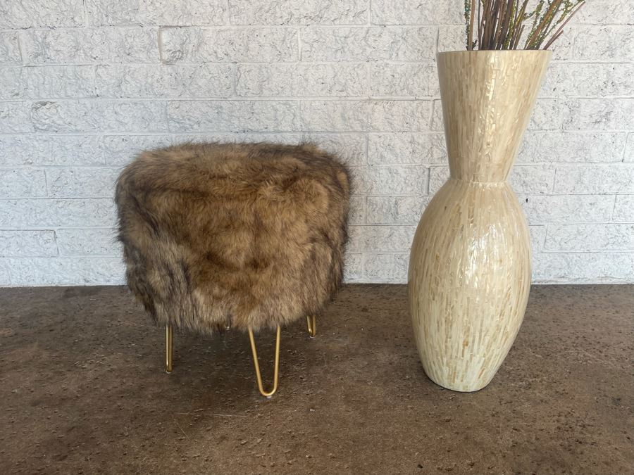 Large Mother Of Pearl Mosaic Vase 29.5H And Faux Fur Stool 20W X 20H [Photo 2]