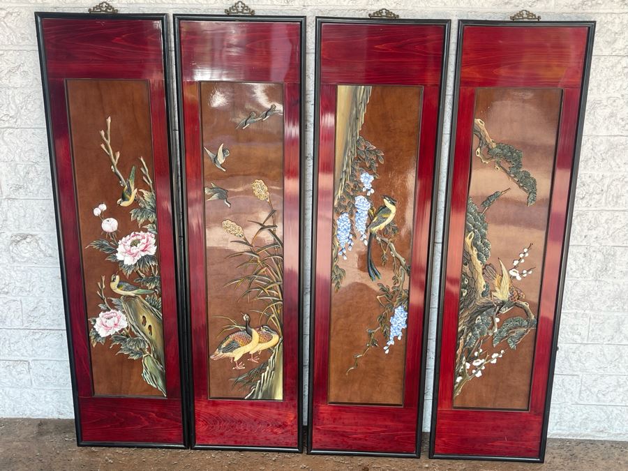 Set Of Four Asian Wooden Relief Carved Panels Each 13W X 48H [Photo 1]