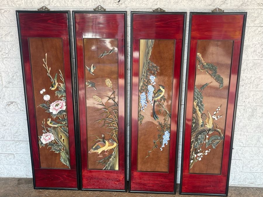 Set Of Four Asian Wooden Relief Carved Panels Each 13W X 48H [Photo 2]