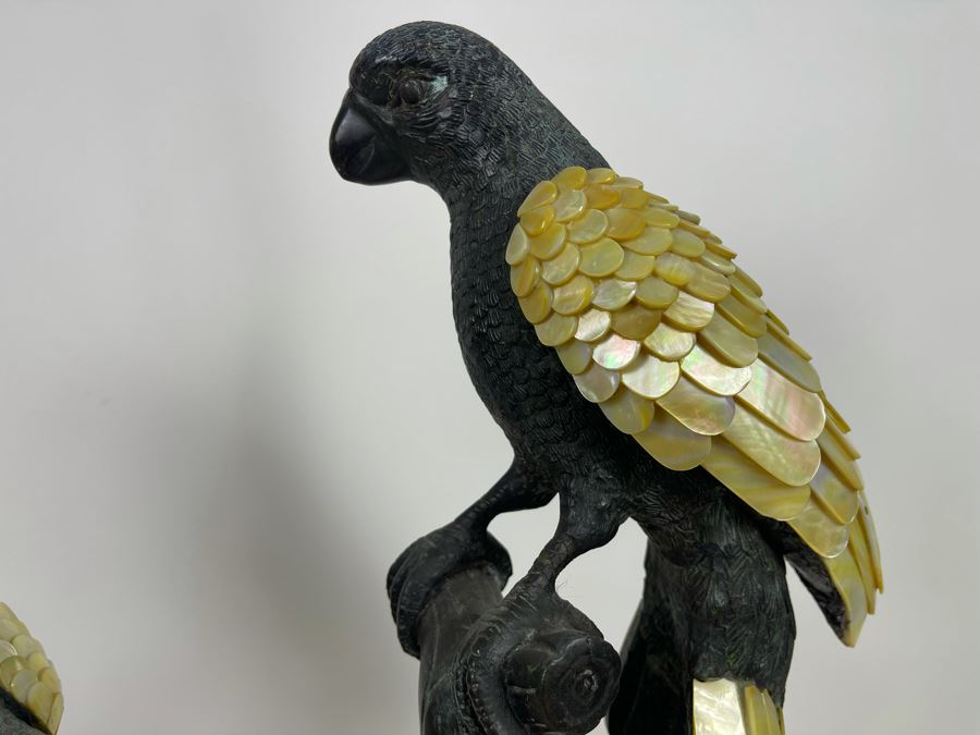 Pair Of Large Metal Parrot Birds On Trees Adorned With Mother Of Pearl Feathers 30H [Photo 6]