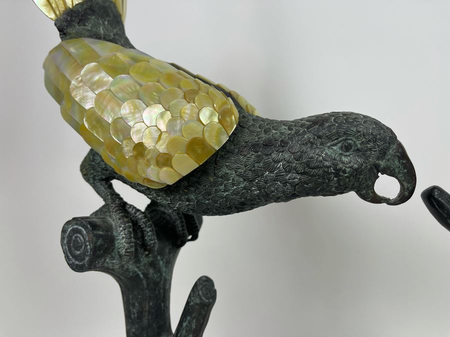 Pair Of Large Metal Parrot Birds On Trees Adorned With Mother Of Pearl Feathers 30H [Photo 5]