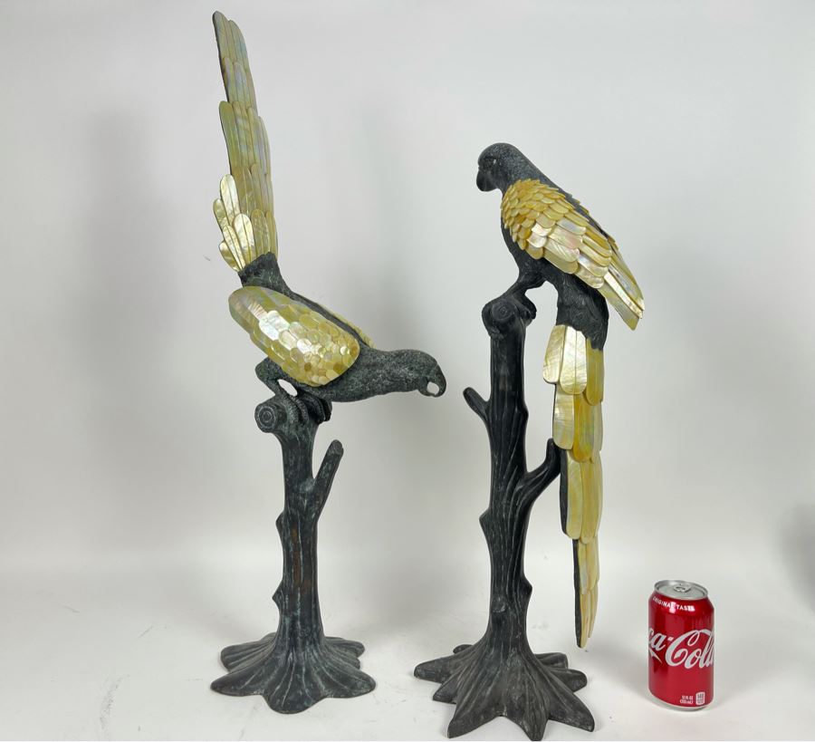 Pair Of Large Metal Parrot Birds On Trees Adorned With Mother Of Pearl Feathers 30H [Photo 1]