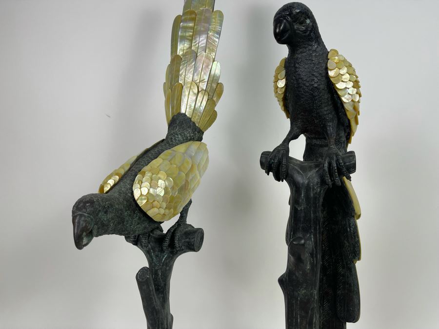 Pair Of Large Metal Parrot Birds On Trees Adorned With Mother Of Pearl Feathers 30H [Photo 9]