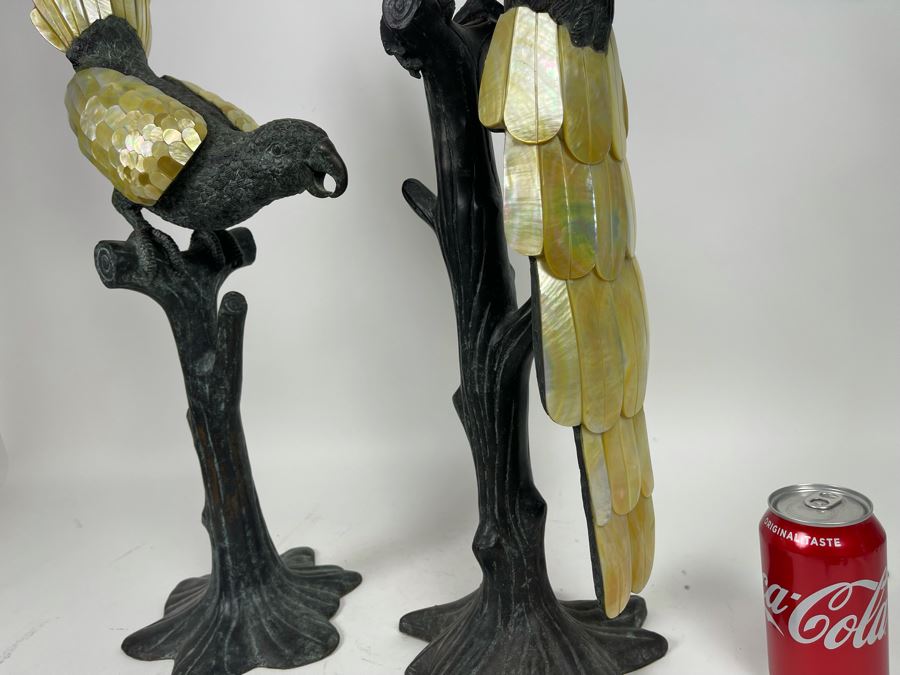 Pair Of Large Metal Parrot Birds On Trees Adorned With Mother Of Pearl Feathers 30H [Photo 4]
