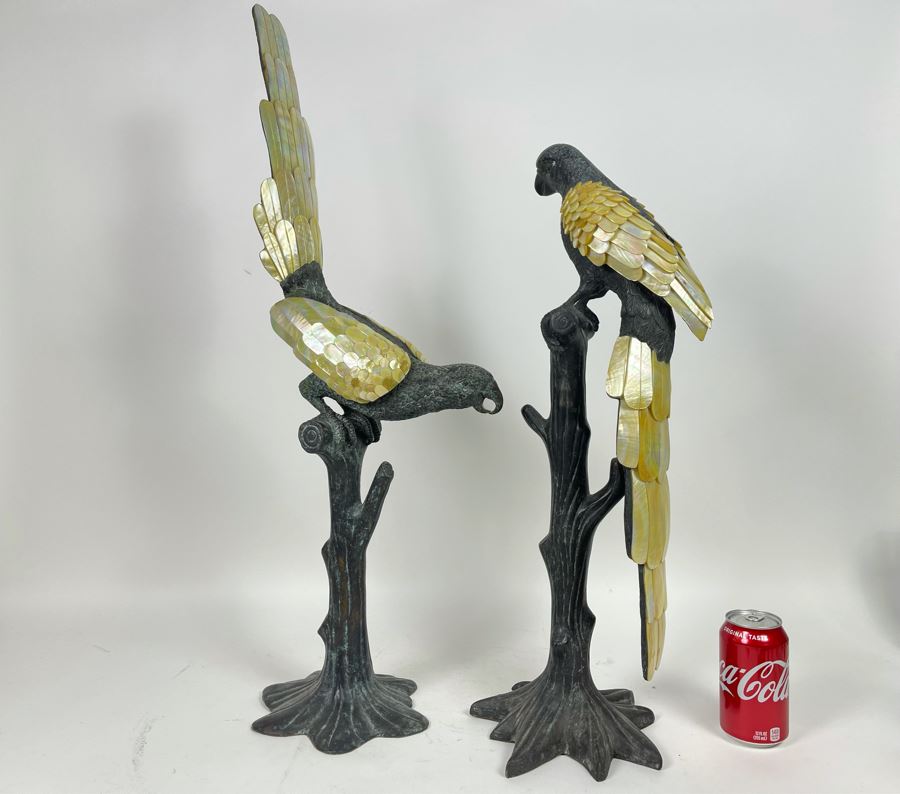 Pair Of Large Metal Parrot Birds On Trees Adorned With Mother Of Pearl Feathers 30H [Photo 2]