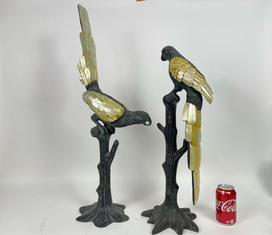 Pair Of Large Metal Parrot Birds On Trees Adorned With Mother Of Pearl Feathers 30H [Photo 3]