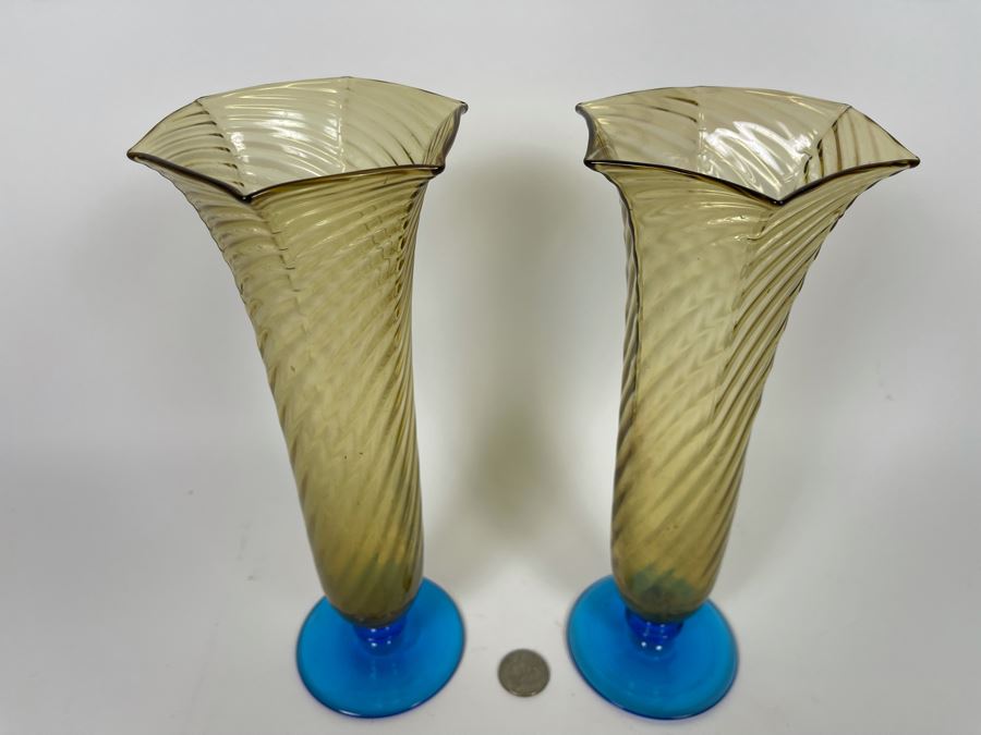 Pair Of Blue Footed Amber Swirl Glass Vases 10H [Photo 2]