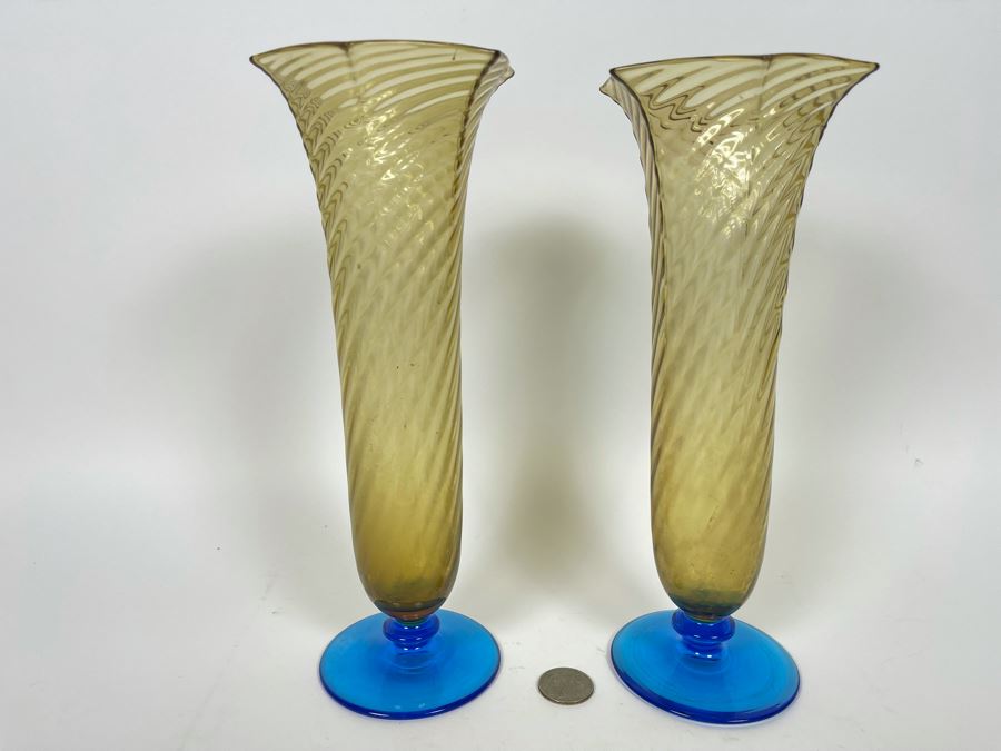 Pair Of Blue Footed Amber Swirl Glass Vases 10H [Photo 1]