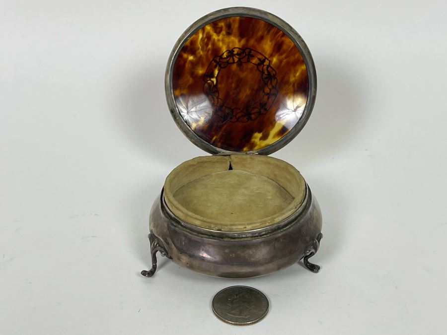 Fine Antique Birmingham England Sterling Silver Footed Inlay Round Jewelry Trinket Box 52.1g [Photo 2]