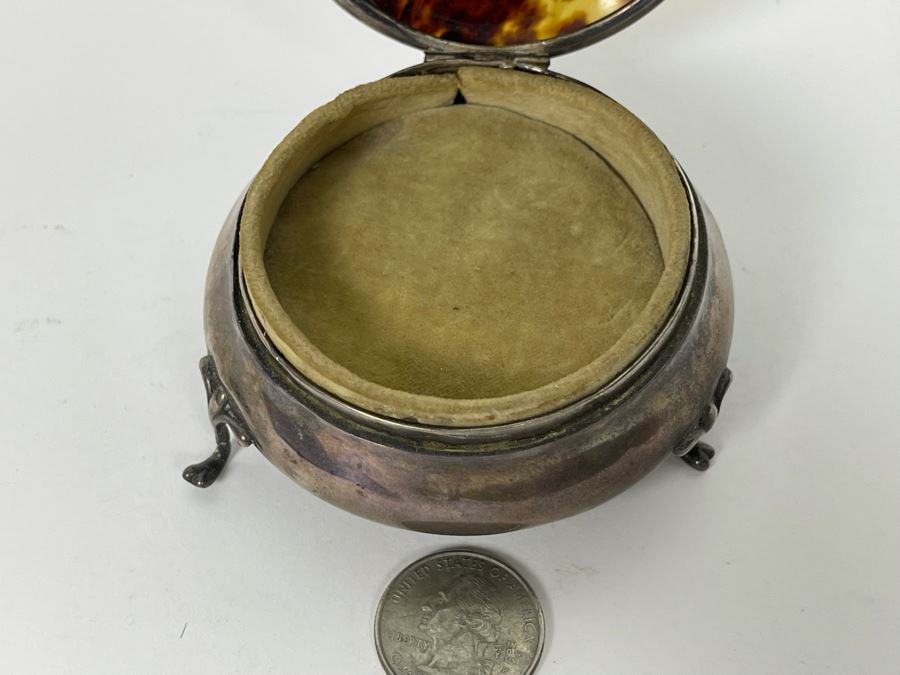 Fine Antique Birmingham England Sterling Silver Footed Inlay Round Jewelry Trinket Box 52.1g [Photo 5]