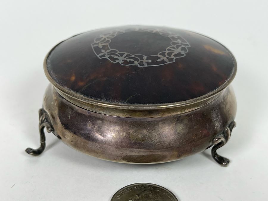 Fine Antique Birmingham England Sterling Silver Footed Inlay Round Jewelry Trinket Box 52.1g [Photo 3]