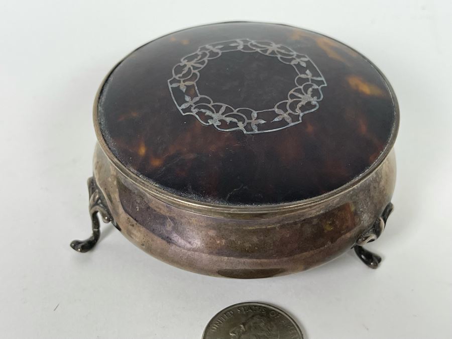 Fine Antique Birmingham England Sterling Silver Footed Inlay Round Jewelry Trinket Box 52.1g [Photo 1]