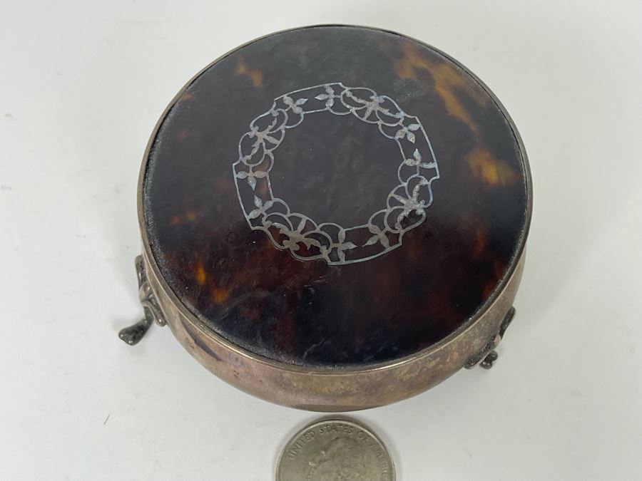 Fine Antique Birmingham England Sterling Silver Footed Inlay Round Jewelry Trinket Box 52.1g [Photo 4]
