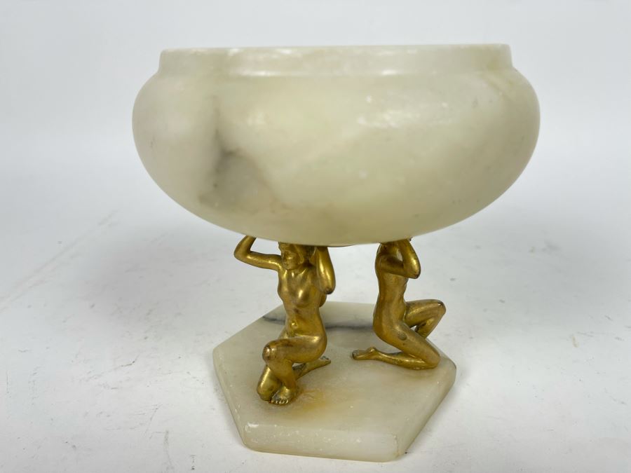 Vintage Art Deco Marble Alabaster Footed Bowl With Three Gilded Metal Woman Holding Up Bowl 5.5W X 5.5H [Photo 7]