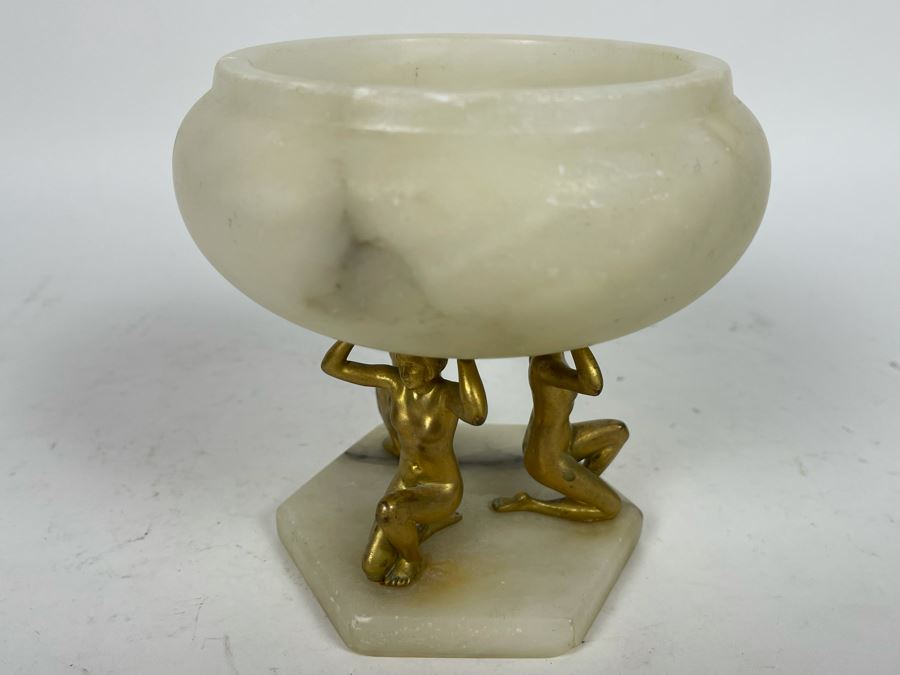 Vintage Art Deco Marble Alabaster Footed Bowl With Three Gilded Metal Woman Holding Up Bowl 5.5W X 5.5H [Photo 9]