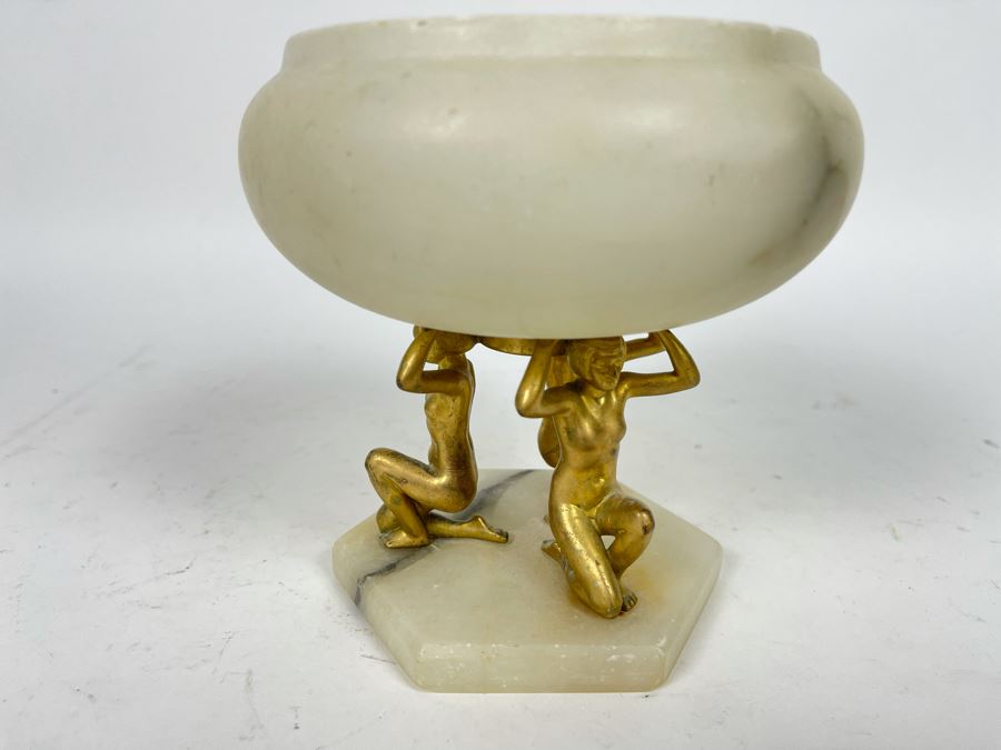 Vintage Art Deco Marble Alabaster Footed Bowl With Three Gilded Metal Woman Holding Up Bowl 5.5W X 5.5H [Photo 3]