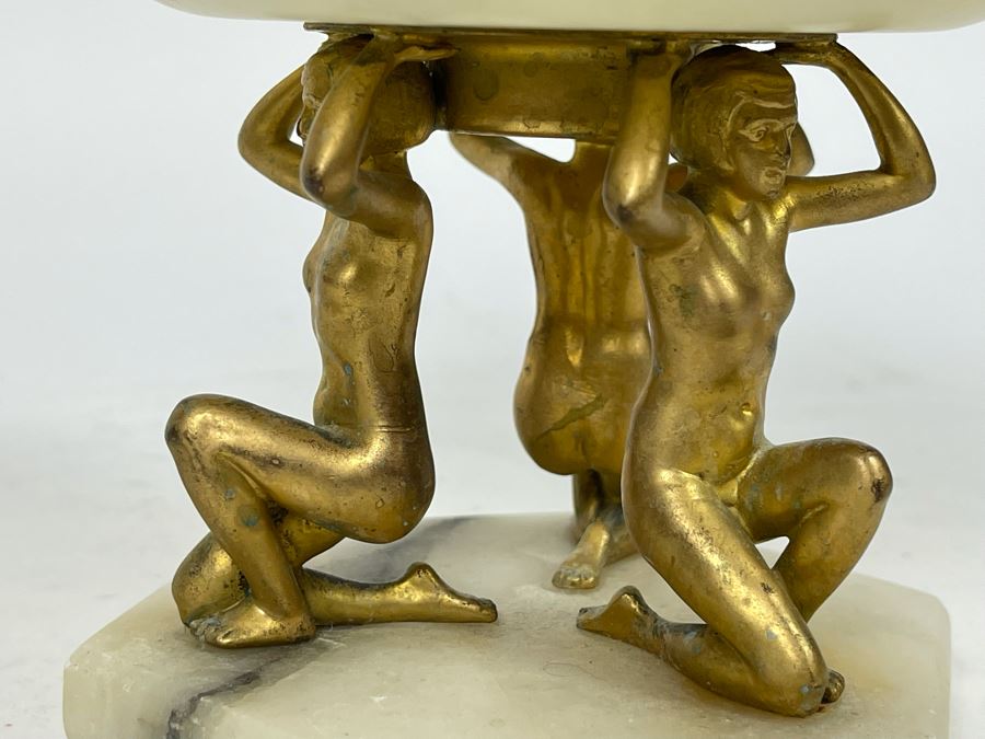 Vintage Art Deco Marble Alabaster Footed Bowl With Three Gilded Metal Woman Holding Up Bowl 5.5W X 5.5H [Photo 10]