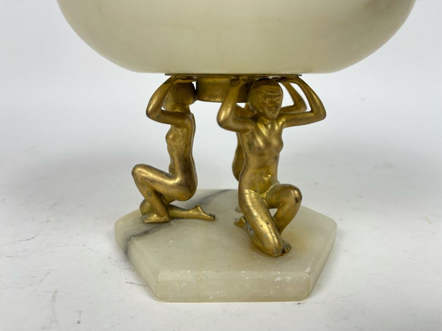 Vintage Art Deco Marble Alabaster Footed Bowl With Three Gilded Metal Woman Holding Up Bowl 5.5W X 5.5H [Photo 4]