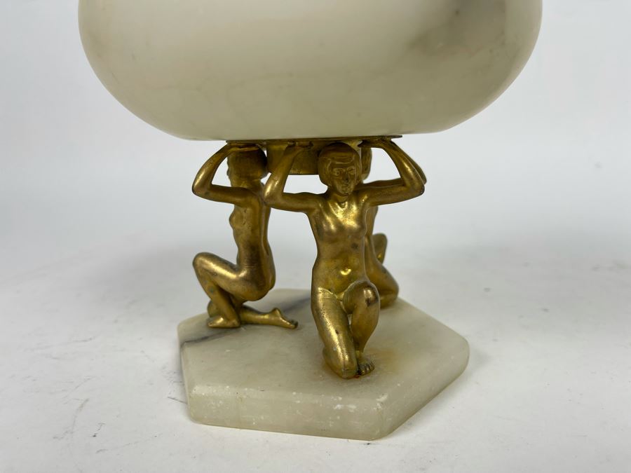 Vintage Art Deco Marble Alabaster Footed Bowl With Three Gilded Metal Woman Holding Up Bowl 5.5W X 5.5H [Photo 5]