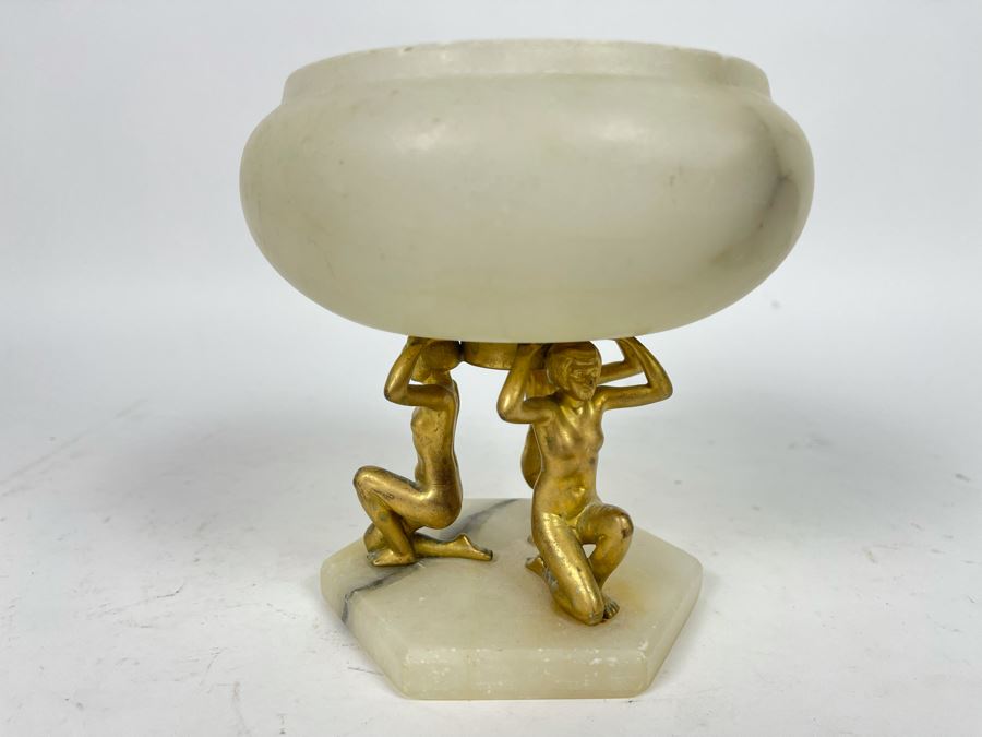Vintage Art Deco Marble Alabaster Footed Bowl With Three Gilded Metal Woman Holding Up Bowl 5.5W X 5.5H [Photo 1]