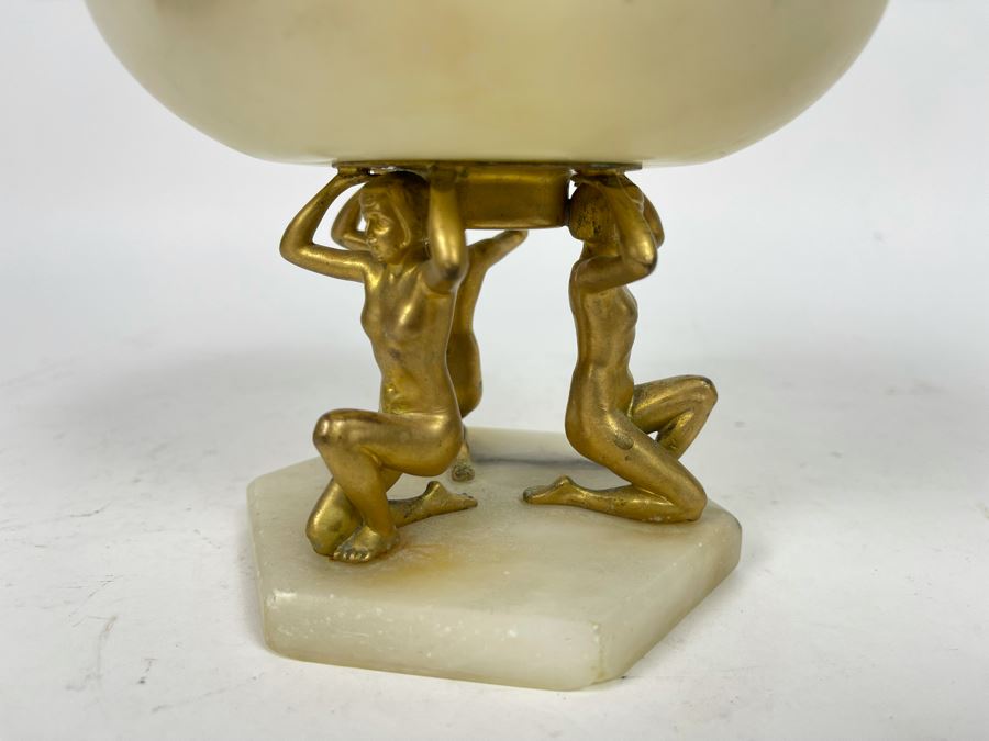Vintage Art Deco Marble Alabaster Footed Bowl With Three Gilded Metal Woman Holding Up Bowl 5.5W X 5.5H [Photo 6]
