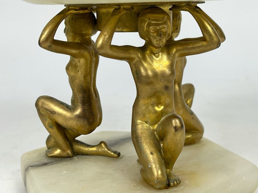 Vintage Art Deco Marble Alabaster Footed Bowl With Three Gilded Metal Woman Holding Up Bowl 5.5W X 5.5H [Photo 2]
