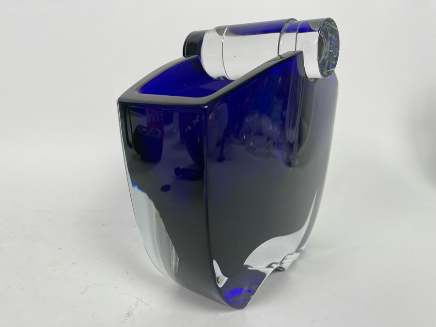 Rare Baccarat Crystal Blue Oceanie Flower Vase France 7 7/8'H (Heavy) Designed By Thomas Bastide Retails $2,000 [Photo 9]