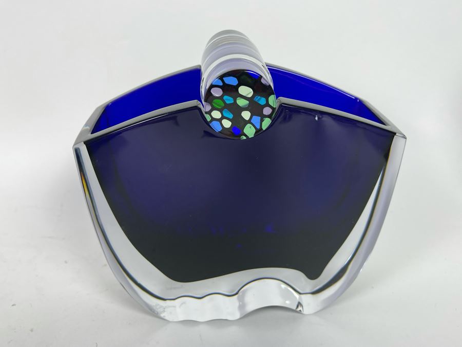 Rare Baccarat Crystal Blue Oceanie Flower Vase France 7 7/8'H (Heavy) Designed By Thomas Bastide Retails $2,000 [Photo 3]