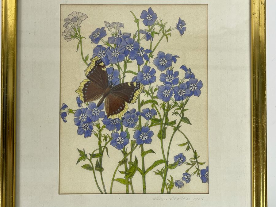 Leopold Stolba (1863-1929) Original Butterfly Drawing Artwork On Paper Signed On Mat 1916 Framed 6W X 7.5H [Photo 2]