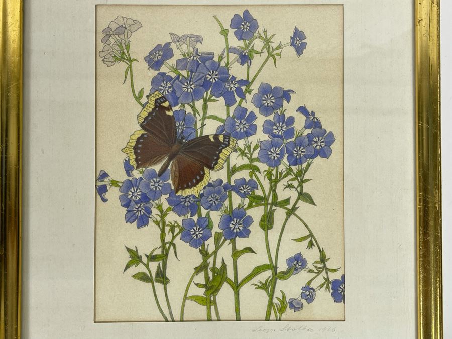 Leopold Stolba (1863-1929) Original Butterfly Drawing Artwork On Paper Signed On Mat 1916 Framed 6W X 7.5H