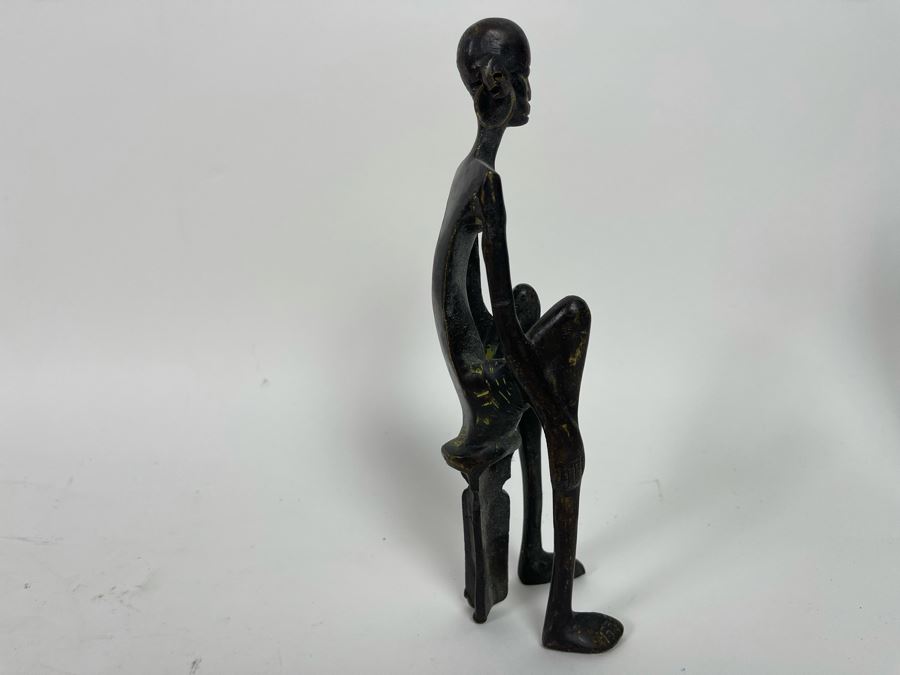 Vintage African Bronze Sculpture Of Seated Man 9H [Photo 4]
