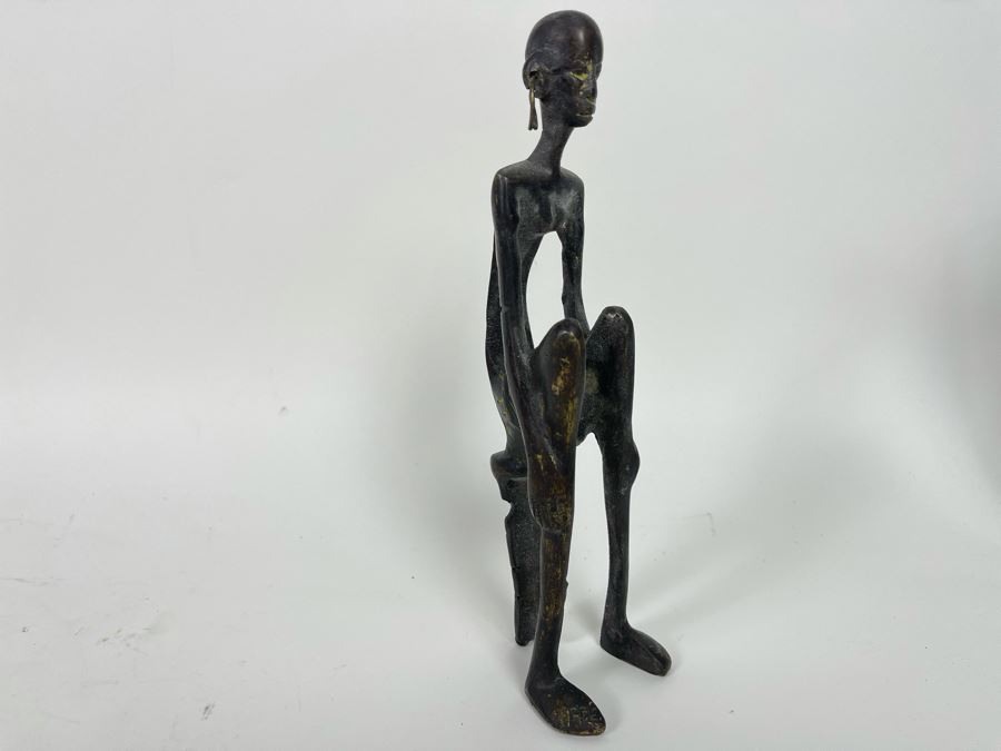 Vintage African Bronze Sculpture Of Seated Man 9H