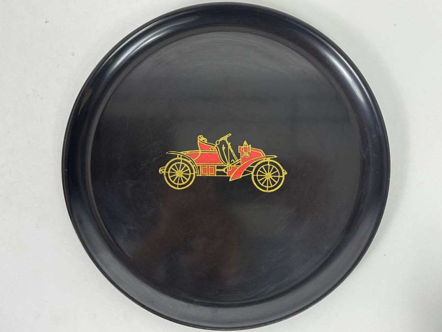 Vintage Round Couroc Of Monterey Tray With Inlaid Antique Car 10.5R