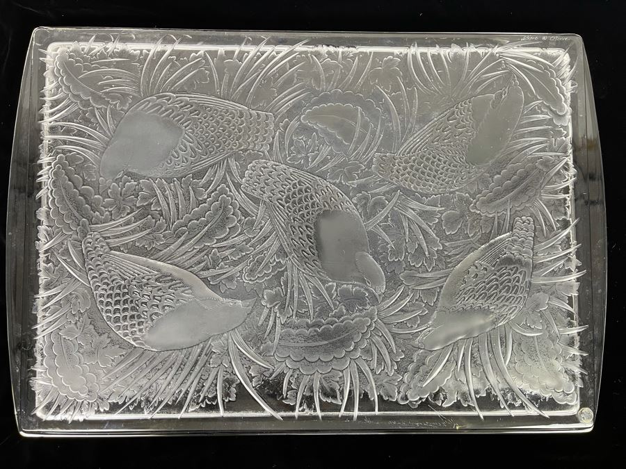 Signed Lalique Crystal France Large Serving Tray Platter Featuring Birds Partridges 18 X 12 Estimate $500-$1,500 [Photo 14]