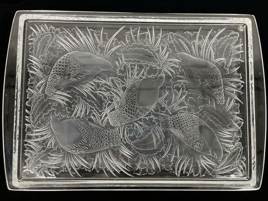 Signed Lalique Crystal France Large Serving Tray Platter Featuring Birds Partridges 18 X 12 Estimate $500-$1,500 [Photo 2]